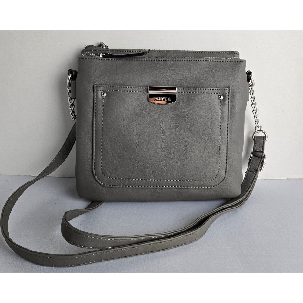 Rosetti Grey Faux Leather Multi Compartment Crossbody Bag Silver Hardware